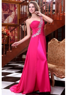 Empire One Shoulder Hot Pink Appliques and Ruching Brush Train Prom Dress