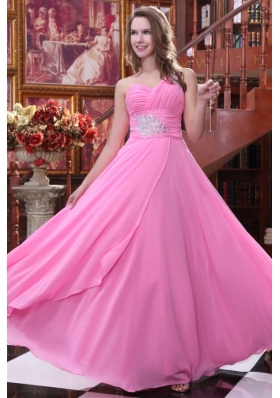 Empire Rose Pink One Shoulder Beading and Ruching Chiffon Prom Dress