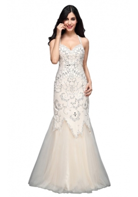 Mermaid  Halter Floor-length Tulle Criss Cross Wedding Dress