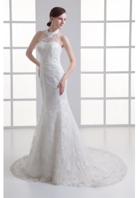 Mermaid Halter Top Lace Court Train Wedding Dress