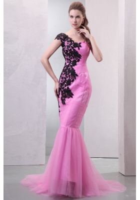 Mermaid One Shoulder Rose Pink Appliques and Ruching Brush Train Prom Dress