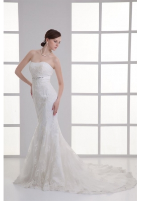 Mermaid Strapless Beading Lace Court Train Wedding Dress