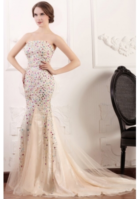 Mermaid Strapless Champagne Beading Court Train Prom Dress