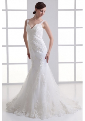 Popular Mermaid Straps Appliques Zipper Up Organza Wedding Dress