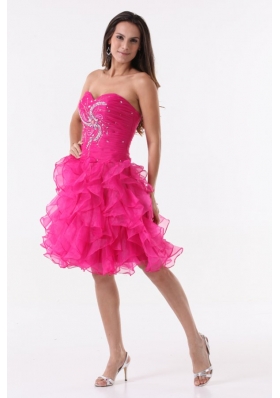 Princess Hot Pink Ruffles Beading Ruching Knee-length Prom Cocktail Dress