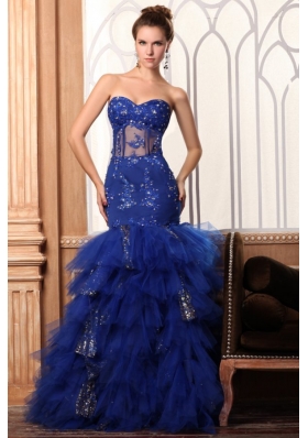 Sweetheart Mermaid Appliques and Ruffles Layered Prom Dress in Blue