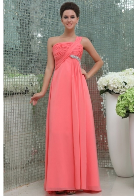 Watermelon Red One Shoulder Ruching Beading Floor-length Prom Dress
