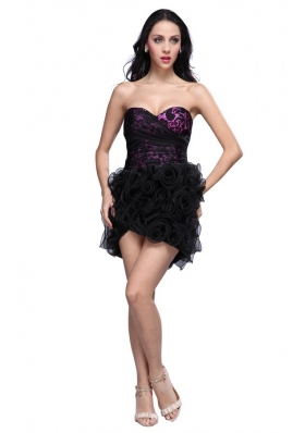 A-line Black Sweetheart Ruching Hand Made Flowers Mini-length Prom Dress
