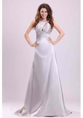 A-line Gray Straps Beading and Ruching Brush Train  Prom Dress