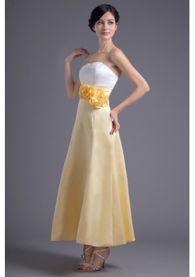 A-line Light Yellow Strapless Hand Made Flowers Ankle-length Prom Dress