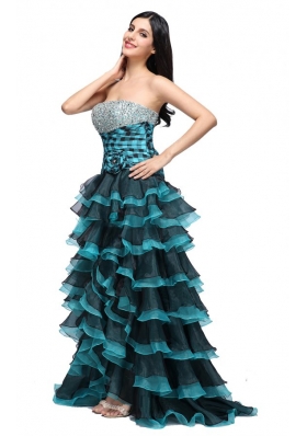 A-line Strapless Black and Blue Ruffled Layers Organza Beading Prom Dress