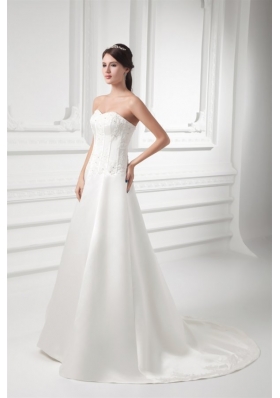 A-line Sweetheart Appliques Satin Court Train Wedding Dress