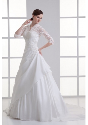 A-line V-neck Long Sleeves Taffeta Court Train Wedding Dress