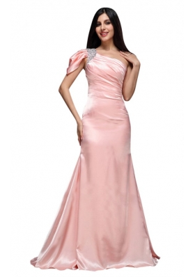 Column Baby Pink One Shoulder Beading and Ruching Prom Dress