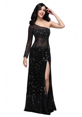 Column Black One Shoulder Long Sleeves Sequins High Slit Prom Dress