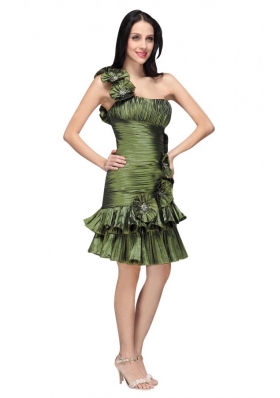 Column Olive Green One Shoulder Hand Made Flower Ruching Prom Dress