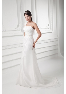Column One Shoulder Appliques and Ruching Chiffon Wedding Dress