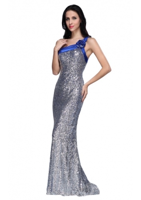 Column One Shoulder Silver Sequins High Slit Brush Train Prom Dress