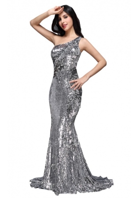 Column Sequins High Slit Silver One Shoulder Brush Train Prom Dress
