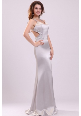 Column Straps Beading Satin Floor-length Gray Prom Dress