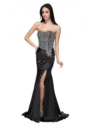 Column Sweetheart Beading Ruching Green High Slit Prom Dress