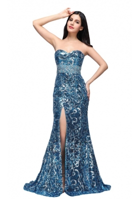 Column Sweetheart Blue Sequins High Slit Brush Train Prom Dress