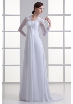 Empire Square Long Sleeves Brush Train Chiffon Wedding Dress