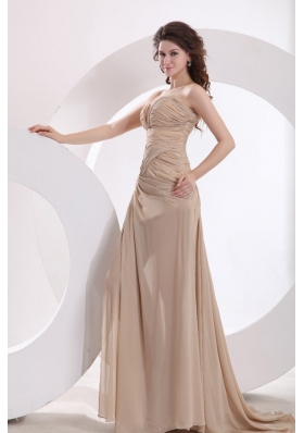 Empire Sweetheart  Champagne Ruching Chiffon Brush Train Prom Dress
