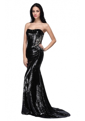 Mermaid Black Strapless Sequins Brush Train Prom Dress