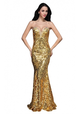 Mermaid Gold Sweetheart Sequins Beading Floor-length Prom Dress