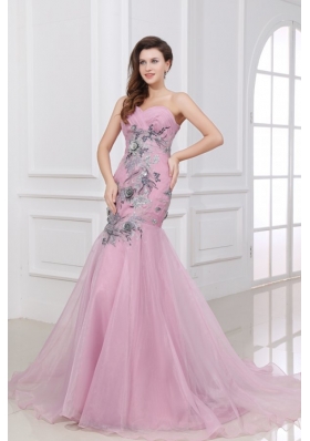 Mermaid One Shoulder Rose Pink Appliques Ruching Organza Long Prom Dress