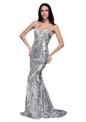 Mermaid Silver Sequins Sweetheart Beading Brush Train Prom Dress