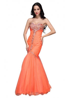 Mermaid Sweetheart Orange Beading Ruching Organza Prom Dress