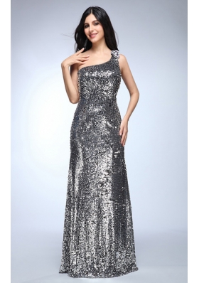 Sheath Silver One Shoulder Sequins Beading Floor-length Prom Dress