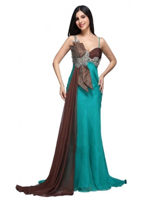 Teal Blue Spaghetti Straps Beading and Ruching Watteau Train Prom Dress
