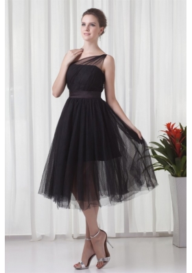 A-line One Shoulder Black Tulle Tea-length 2014 Prom Dress