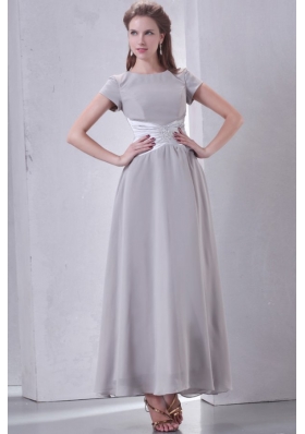 Ankle-length Grey Empire Scoop Prom Dress with Short Sleeves