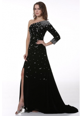 Black Beaded High Slit One Shoulder Prom Dress with 3/4 Length Sleeves