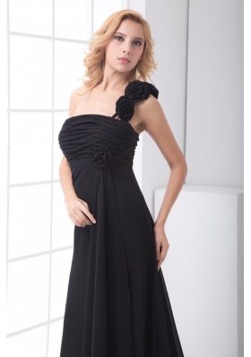 Black Empire One Shoulder Floor-length Hand Made Flowers Chiffon Prom Dress