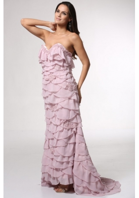 Brush Train Baby Pink Sweetheart Prom Dress with Appliques and Layers