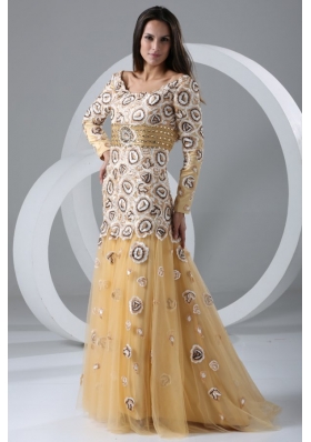 Champagne A-line Scoop Prom Dress with Long Sleeves