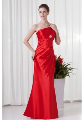 Column One Sholuder Red Taffeta Ruching Floor-length Prom Dress