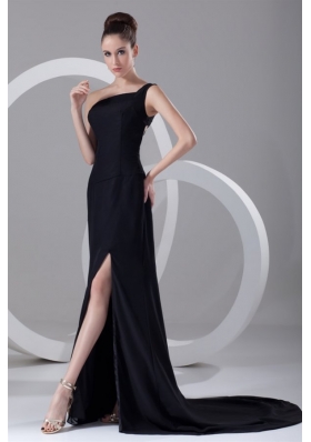 Column One Shoulder Black Ruching Prom Dress with Brush Train