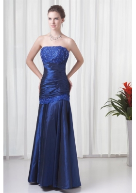 Column Strapless Navy Blue Ruching Prom Dress with Lace Up