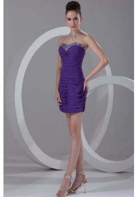 Column Sweetheart Mini-length Purple Chiffon Prom Dress with Beading