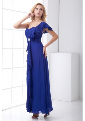 Empire One Shoulder Ankle-length Chiffon Blue Ruching Prom Dress