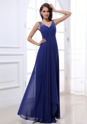 Empire V-neck Floor-length Chiffon Beading Blue Prom Dress