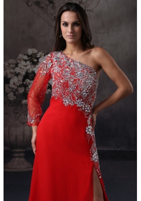 High Slit One Shoulder Red Prom Dress with Beading Long Sleeve