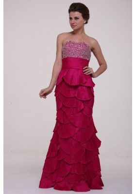 Hot Pink Column Strapless Prom Dress with Beading and Layers
