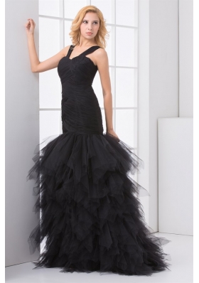 Mermaid Straps Organza Ruffles and Ruching Black Prom Dress